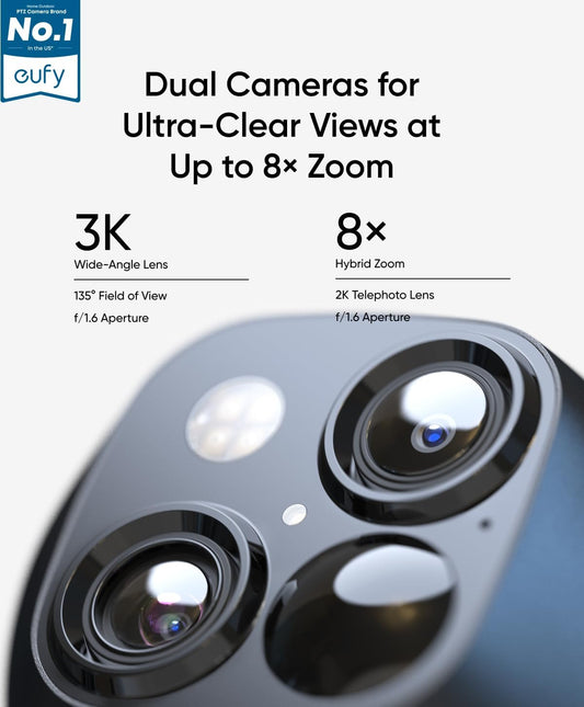 Eufy Security Solocam S340, 3K Dual-Lens Solar Security Camera | 360° Coverage, Pan & Tilt, No Blind Spots, AI Detection & Tracking, Color Night Vision, No Monthly Fee, Built-In 8GB