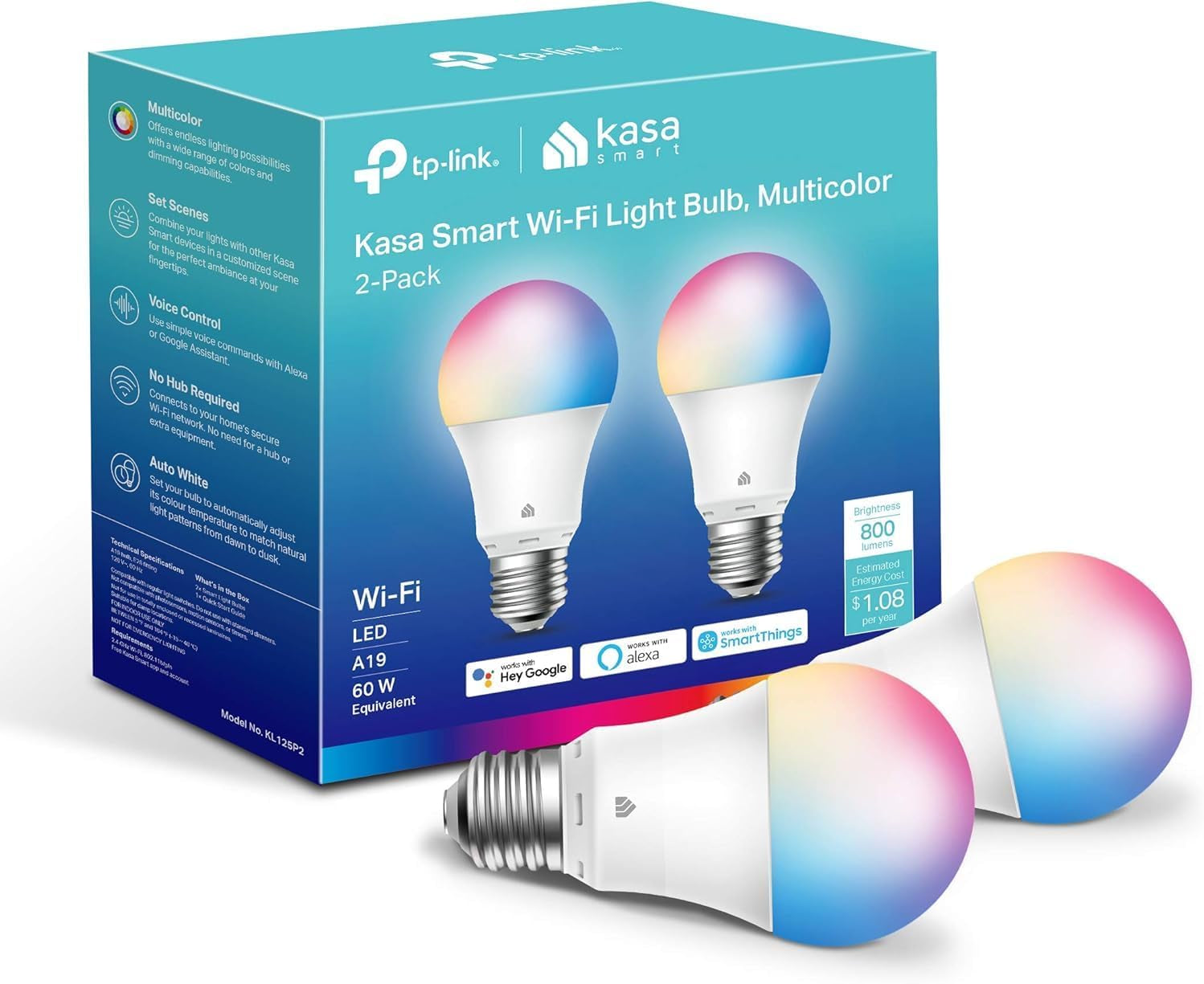 Light Bulbs, Full Color Changing Dimmable Smart Wifi Bulbs Compatible with Alexa and Google Home, A19, 60 W 800 Lumens,2.4Ghz Only, No Hub Required, 2-Pack (KL125P2), Multicolor