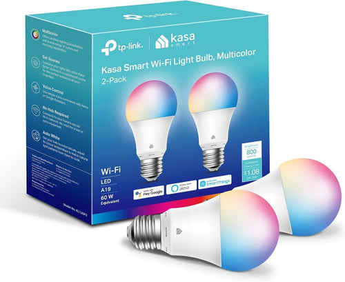 Light Bulbs, Full Color Changing Dimmable Smart Wifi Bulbs Compatible with Alexa and Google Home, A19, 60 W 800 Lumens,2.4Ghz Only, No Hub Required, 2-Pack (KL125P2), Multicolor