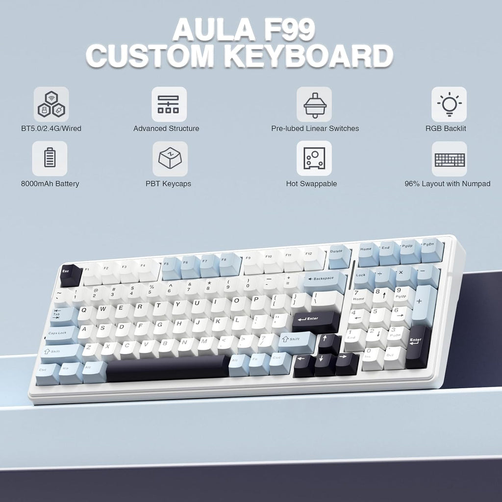 F99 Wireless Mechanical Keyboard, Hot Swappable Custom Keyboard,Pre-Lubed Linear Switches,Gasket Structure,Rgb Backlit Gaming Keyboard (Blue&White)