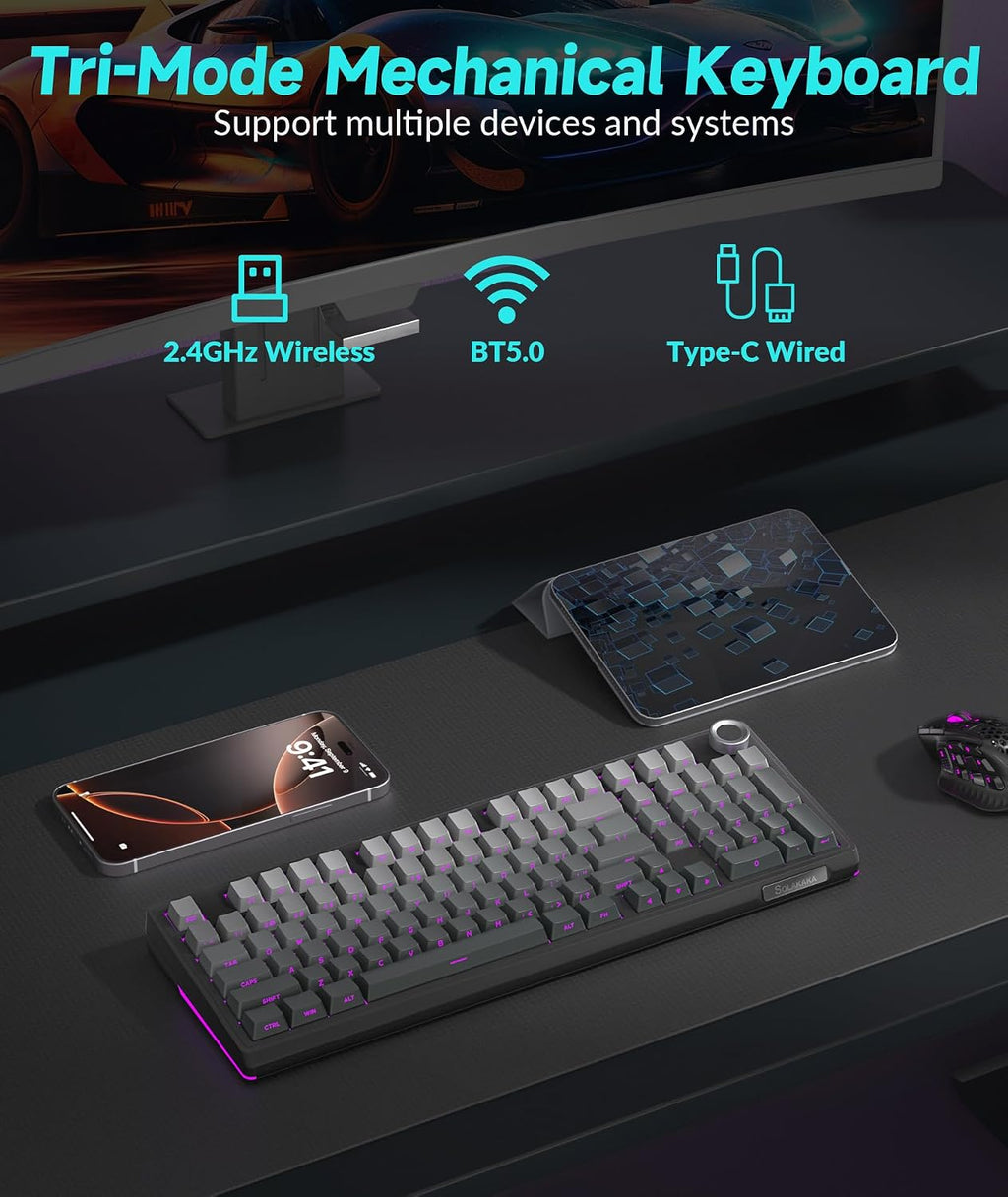 KI99 Pro 96% Wireless Mechanical Keyboard, RGB Gaming Keyboard, Hot-Swappable Pre-Lubed Switches, Gasket Structure Creamy Keyboards (Gradient-Black, Non-Silent Version)