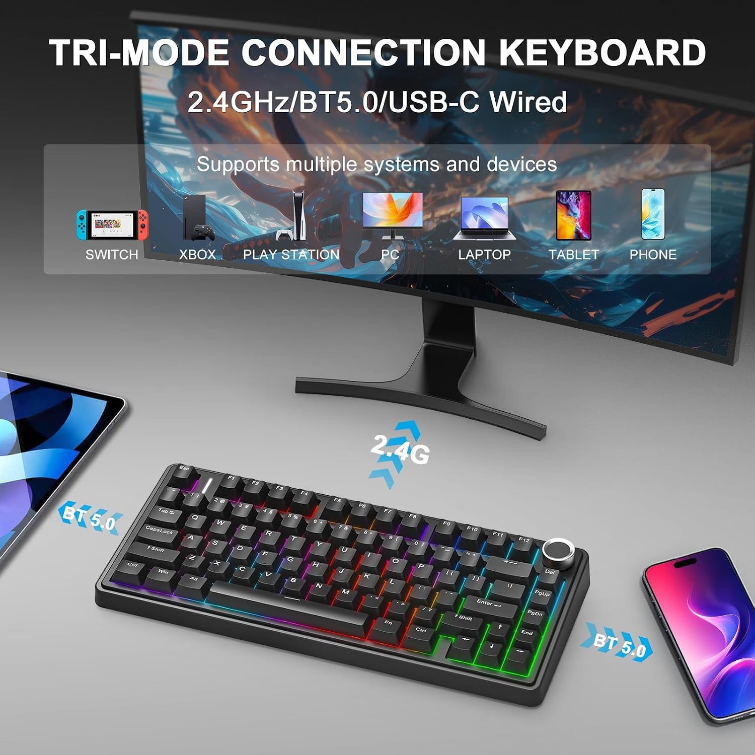 Aula F75 75% Wireless Mechanical Keyboard, Gasket Mount Hot Swappable Gaming Keyboard with Knob, Tri-Mode BT5.0/2.4G/USB-C, Creamy Thocky Sound Pre-Lubed Linear Switch, PBT Keycaps for PC Mac