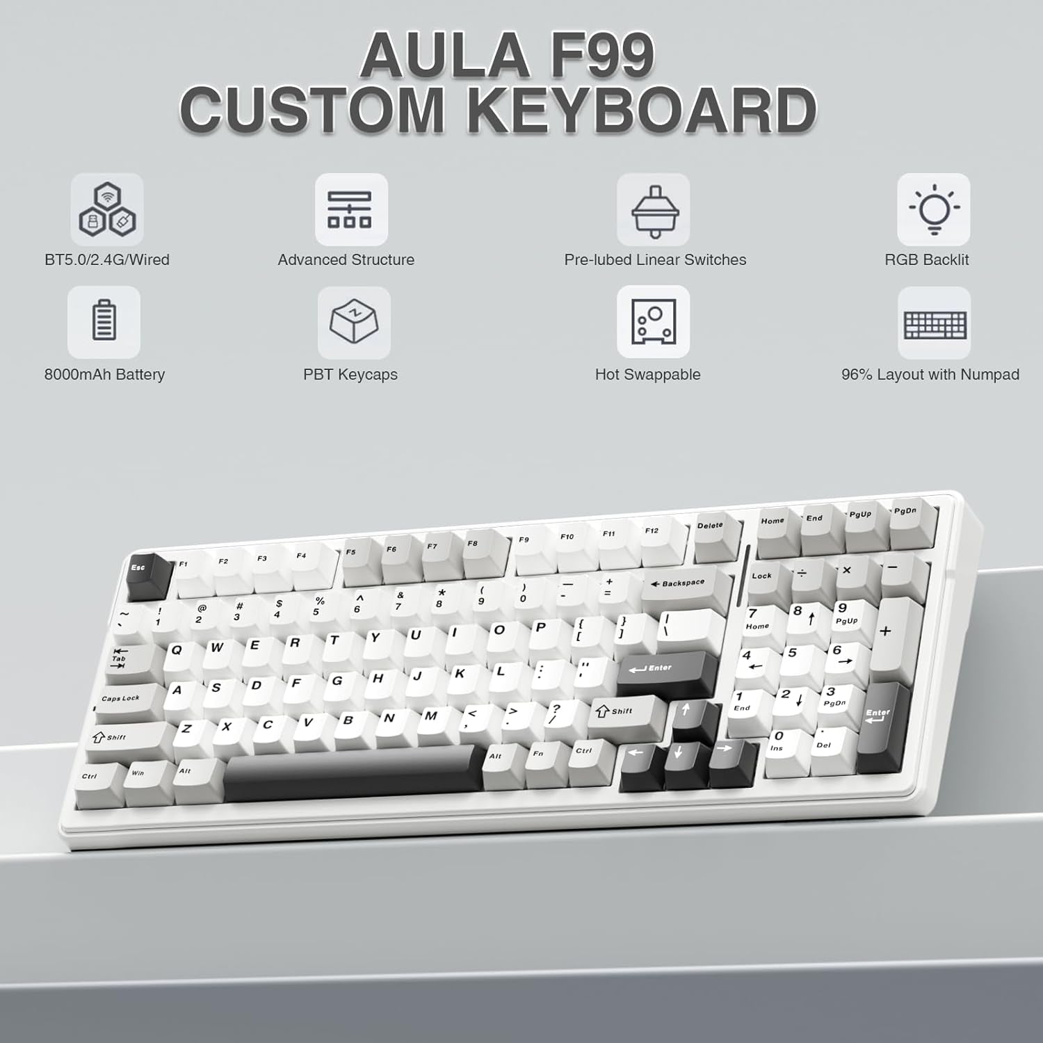 F99 Wireless Mechanical Keyboard,Tri-Mode Bt5.0/2.4Ghz/Usb-C Hot Swappable Custom Keyboard,Pre-Lubed Linear Switches,Rgb Backlit Computer Gaming Keyboards for Pc/Tablet/Ps/Xbox