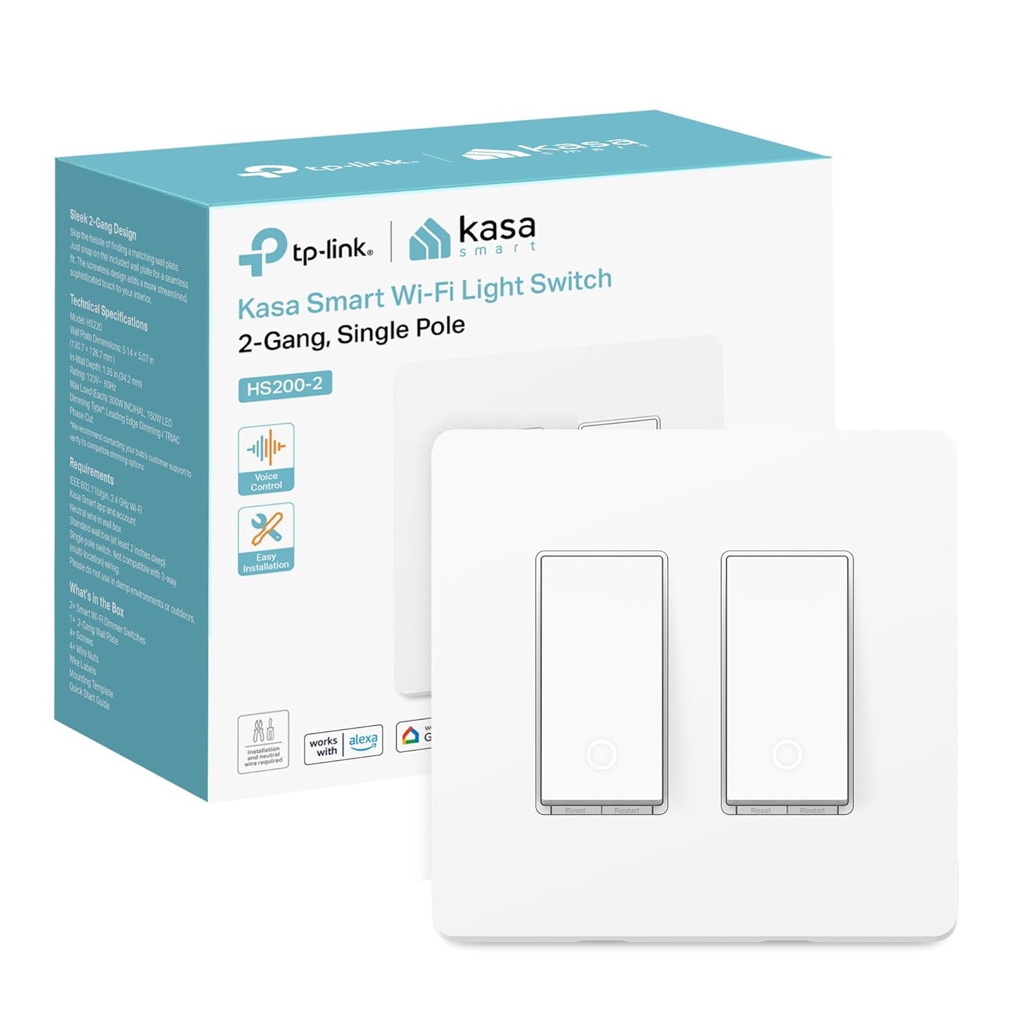 Kasa Smart Switch 2-Gang, HS200-2, Single Pole, Need Neutral Wire | 2.4Ghz Wi-Fi Works with Alexa and Google Home, UL Certified, No Hub Required, White