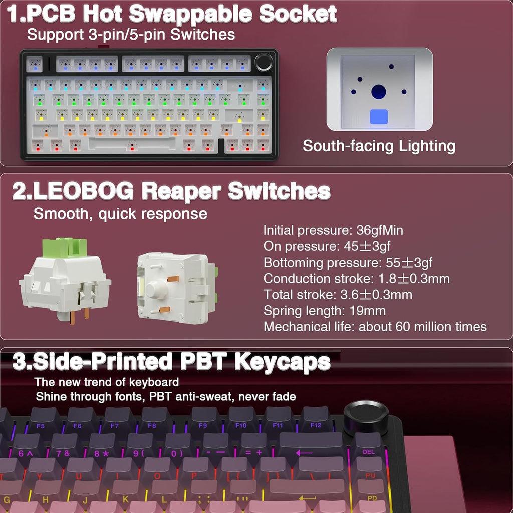 F75 Pro Wireless Mechanical Keyboard,75% Hot Swappable Custom Keyboard,Rgb Backlit,Pre-Lubed Reaper Switches,Side Printed PBT Keycaps Mechanical Gaming Keyboards, Pink&Black