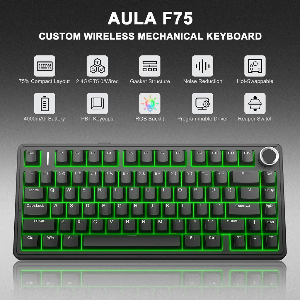 Aula F75 75% Wireless Mechanical Keyboard, Gasket Mount Hot Swappable Gaming Keyboard with Knob, Tri-Mode BT5.0/2.4G/USB-C, Creamy Thocky Sound Pre-Lubed Linear Switch, PBT Keycaps for PC Mac