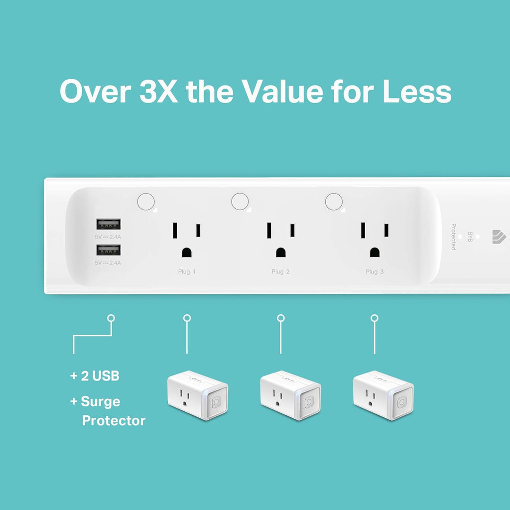 Kasa Smart Plug Power Strip KP303, Surge Protector with 3 Individually Controlled Smart Outlets and 2 USB Ports, Works with Alexa & Google Home, No Hub Required , White | Surge Protector with 3 Individually Controlled Smart Outlets and 2 USB Ports, Works with Alexa & Google Home