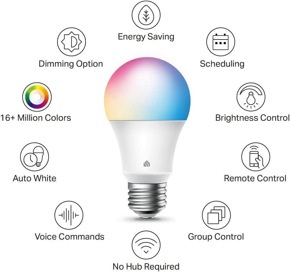Light Bulbs, Full Color Changing Dimmable Smart Wifi Bulbs Compatible with Alexa and Google Home, A19, 60 W 800 Lumens,2.4Ghz Only, No Hub Required, 2-Pack (KL125P2), Multicolor