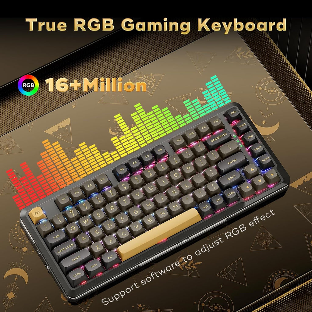 K738 Wireless Mechanical Keyboard, Gasket Mounted RGB Gaming Keyboard, 3-Mode (2.4G/BT/USB), Pre-Lubed Linear Switches, 75％ Layout, 82 Keys Hot Swappable for Pc/Mac - Black Gold
