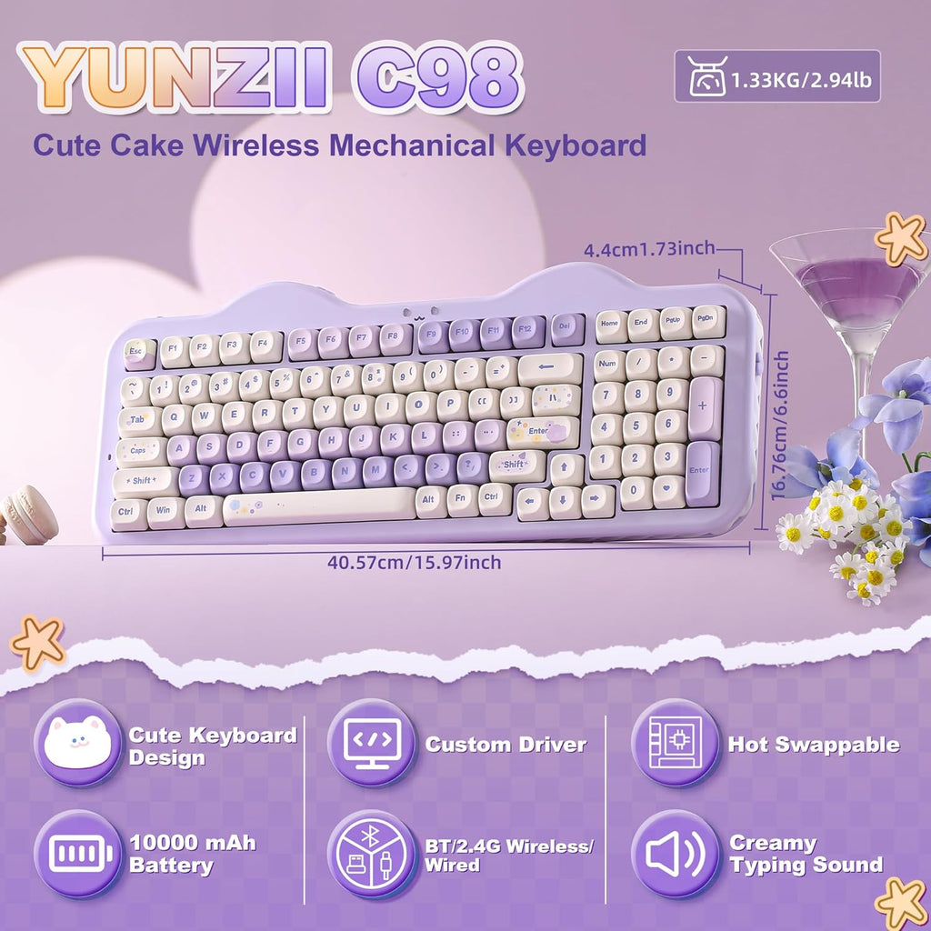 C98 Wireless Mechanical Keyboard with Number Pad,99 Key BT5.0/2.4G/USB-C Hot Swap Gasket Mount with PBT MOA Keycaps,Custom Rgb,Cute Cake Keyboard for Win/Mac (Purple, Milk V2 Linear Switch)