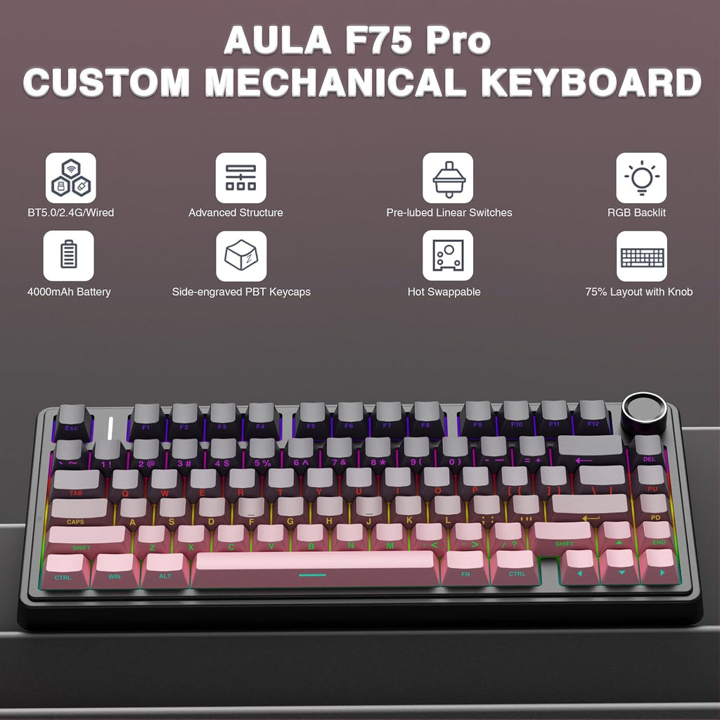 F75 Pro Wireless Mechanical Keyboard,75% Hot Swappable Custom Keyboard,Rgb Backlit,Pre-Lubed Reaper Switches,Side Printed PBT Keycaps Mechanical Gaming Keyboards, Pink&Black