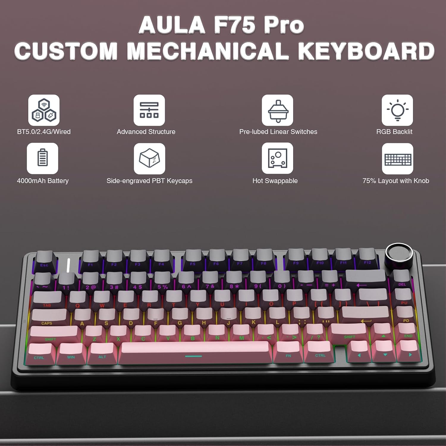 F75 Pro Wireless Mechanical Keyboard,75% Hot Swappable Custom Keyboard,Rgb Backlit,Pre-Lubed Reaper Switches,Side Printed PBT Keycaps Mechanical Gaming Keyboards, Pink&Black