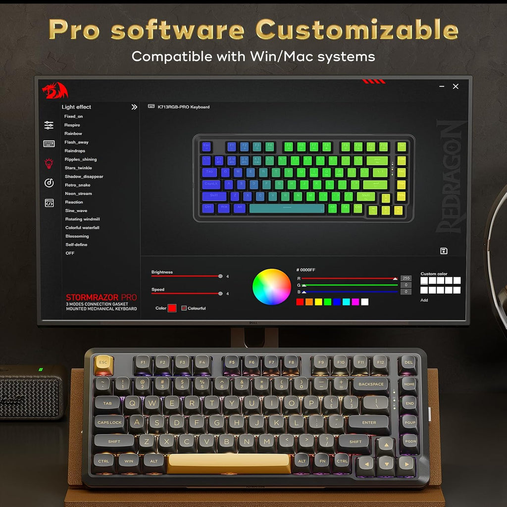 K738 Wireless Mechanical Keyboard, Gasket Mounted RGB Gaming Keyboard, 3-Mode (2.4G/BT/USB), Pre-Lubed Linear Switches, 75％ Layout, 82 Keys Hot Swappable for Pc/Mac - Black Gold