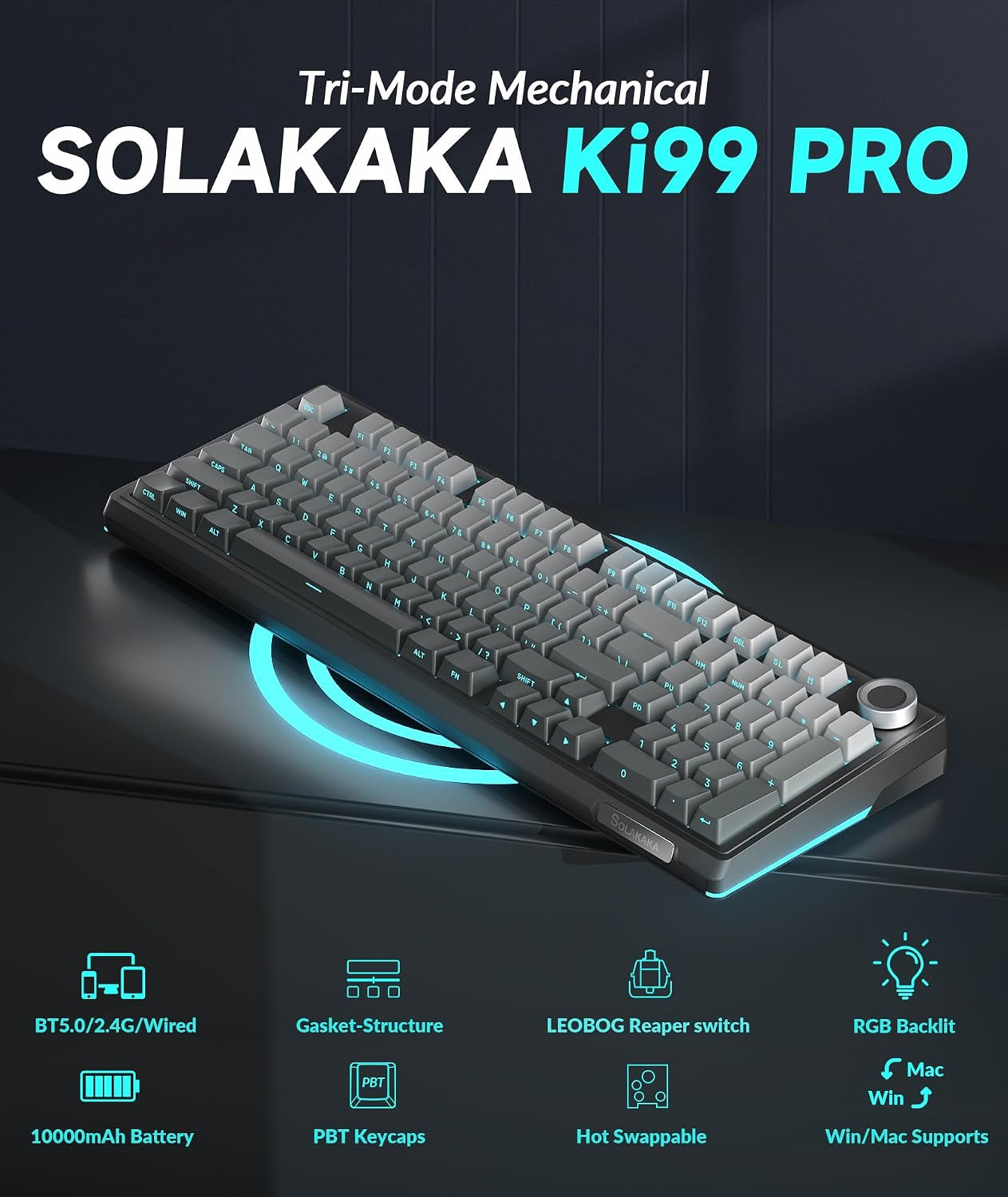 KI99 Pro 96% Wireless Mechanical Keyboard, RGB Gaming Keyboard, Hot-Swappable Pre-Lubed Switches, Gasket Structure Creamy Keyboards (Gradient-Black, Non-Silent Version)