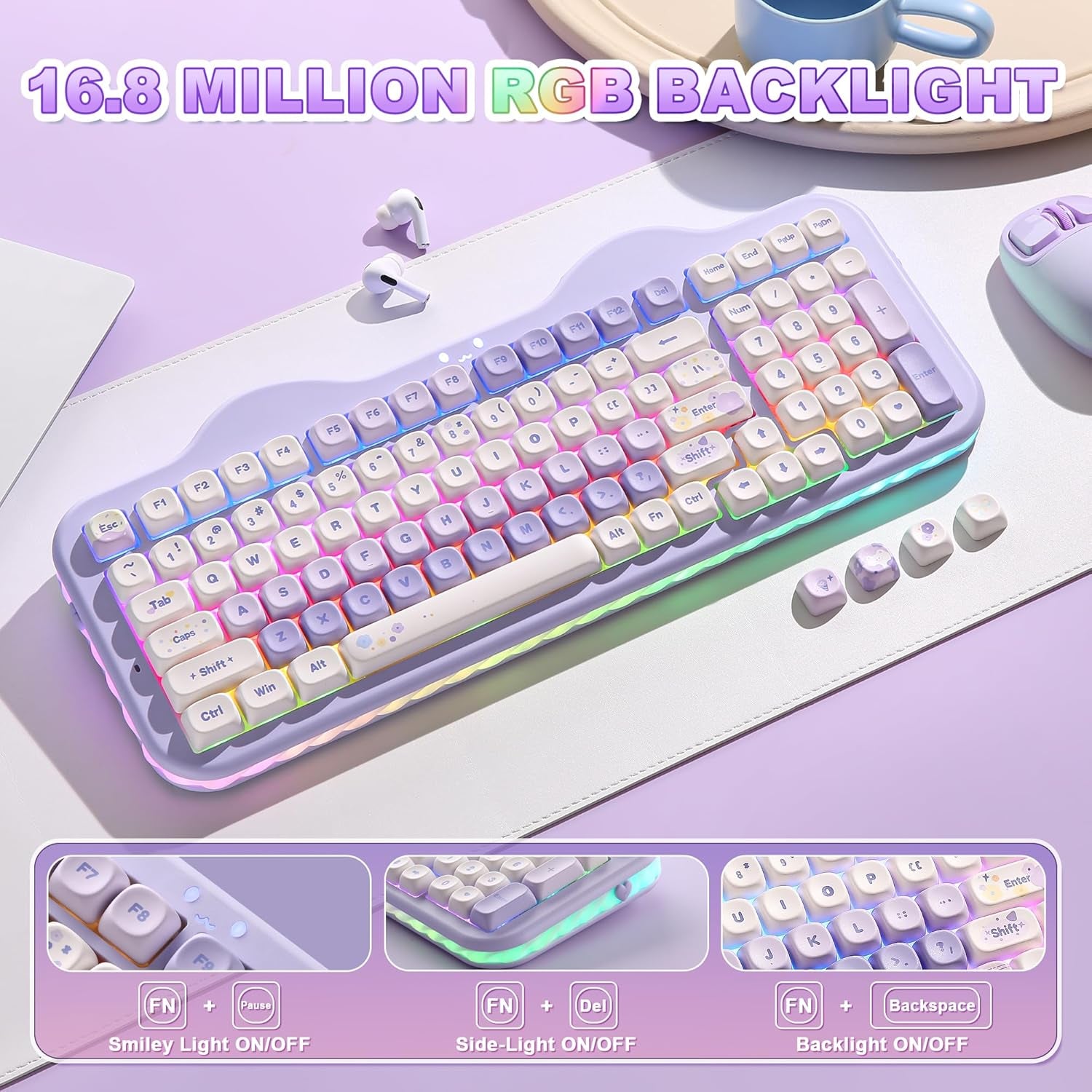 C98 Wireless Mechanical Keyboard with Number Pad,99 Key BT5.0/2.4G/USB-C Hot Swap Gasket Mount with PBT MOA Keycaps,Custom Rgb,Cute Cake Keyboard for Win/Mac (Purple, Milk V2 Linear Switch)