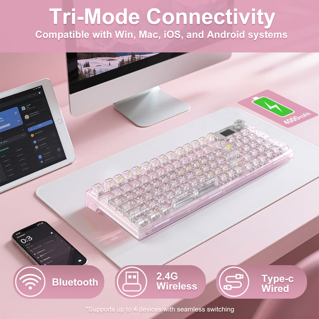 AULA F98Pro Transparent Wireless Mechanical Keyboard – Pink, Tri-Mode (Bluetooth/2.4G/Usb-C), Hot-Swappable Switches, OLED Display, 4000Mah Battery, RGB Backlit