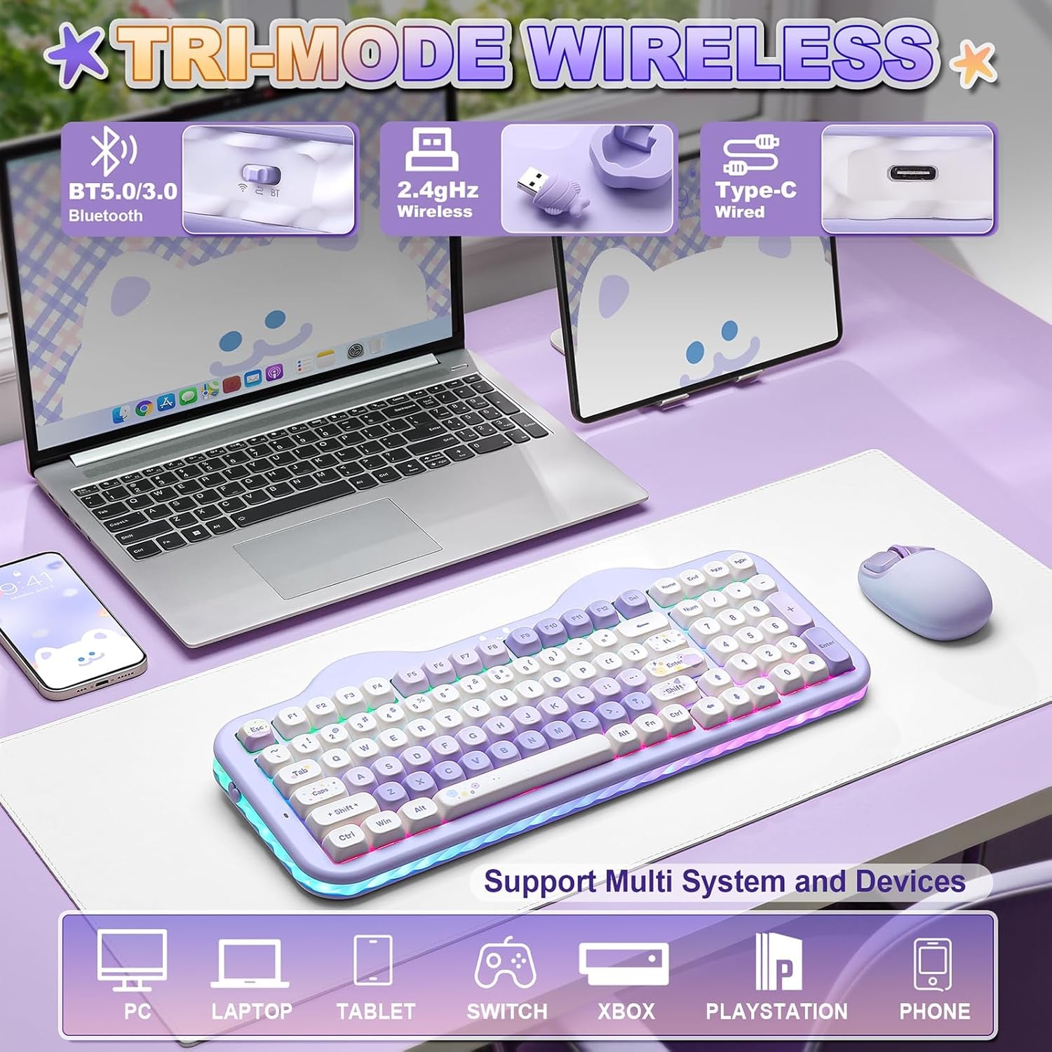 C98 Wireless Mechanical Keyboard with Number Pad,99 Key BT5.0/2.4G/USB-C Hot Swap Gasket Mount with PBT MOA Keycaps,Custom Rgb,Cute Cake Keyboard for Win/Mac (Purple, Milk V2 Linear Switch)