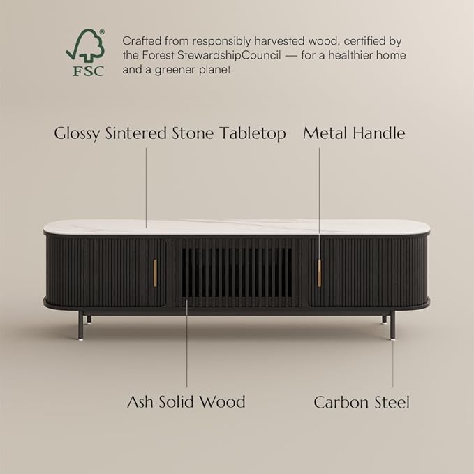 POVISON Sliding Tambour Door TV Stand, Mid Century Modern Sintered Stone TV - Image 6