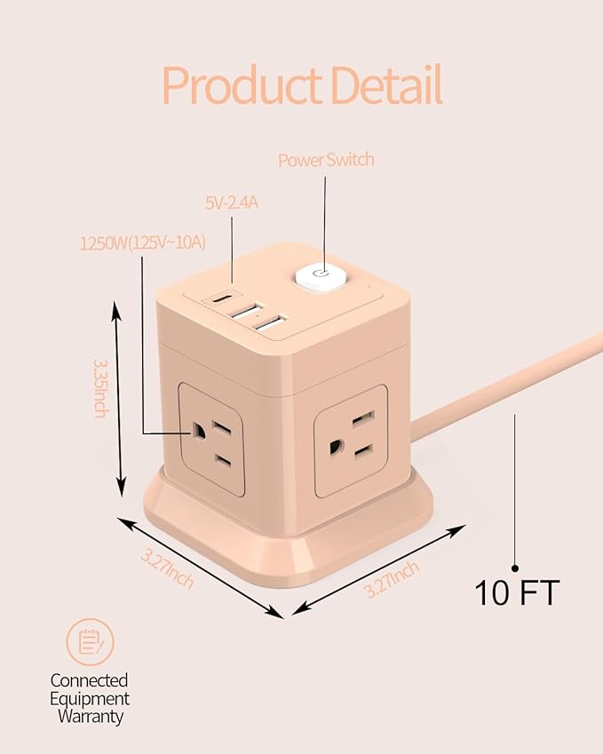 Cube Power Strip, FDTEK 4 Widely Spaced Outlet - 10FT Pink - Image 3