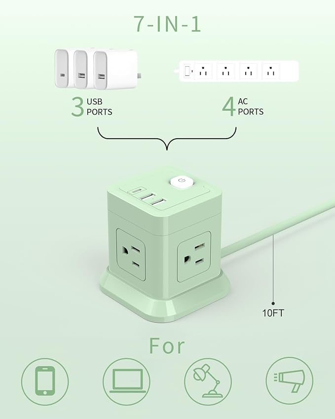 Cube Power Strip, FDTEK 4 Widely Spaced Outlet - 10FT Green - Image 2