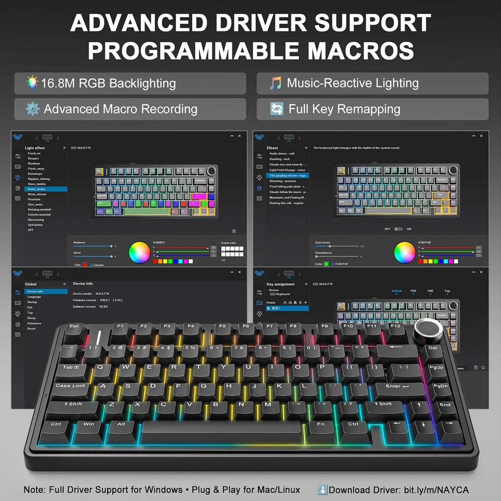 Aula F75 75% Wireless Mechanical Keyboard, Gasket Mount Hot Swappable Gaming Keyboard with Knob, Tri-Mode BT5.0/2.4G/USB-C, Creamy Thocky Sound Pre-Lubed Linear Switch, PBT Keycaps for PC Mac
