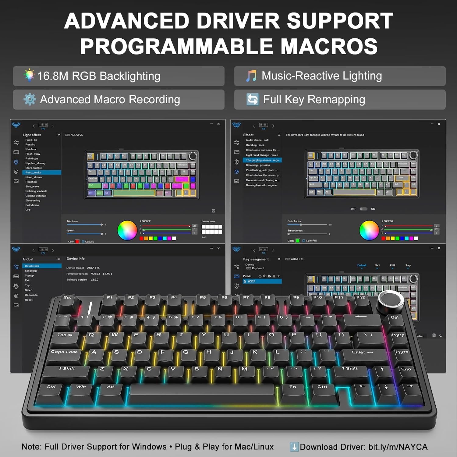 Aula F75 75% Wireless Mechanical Keyboard, Gasket Mount Hot Swappable Gaming Keyboard with Knob, Tri-Mode BT5.0/2.4G/USB-C, Creamy Thocky Sound Pre-Lubed Linear Switch, PBT Keycaps for PC Mac