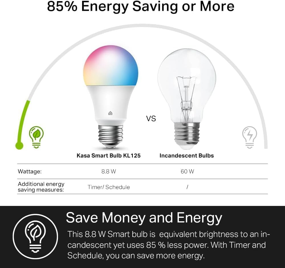 Light Bulbs, Full Color Changing Dimmable Smart Wifi Bulbs Compatible with Alexa and Google Home, A19, 60 W 800 Lumens,2.4Ghz Only, No Hub Required, 2-Pack (KL125P2), Multicolor