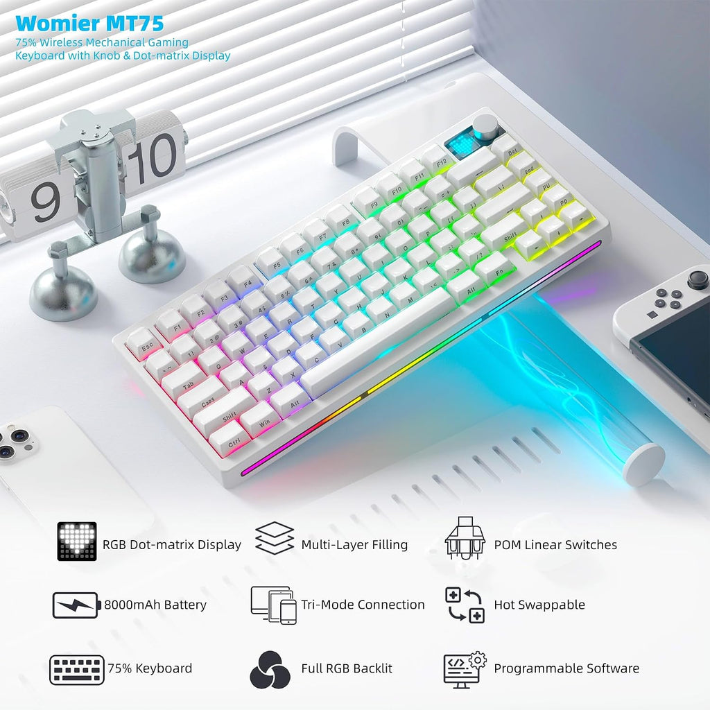 75% Wireless Mechanical Gaming Keyboard with Knob&Dot-Matrix Display | Bluetooth5.0/2.4Ghz/Usb C Thocky Creamy Keyboard for PC Computer, 8000Mah Battery Jelly Key Board for Win/Mac (Mt75-White)