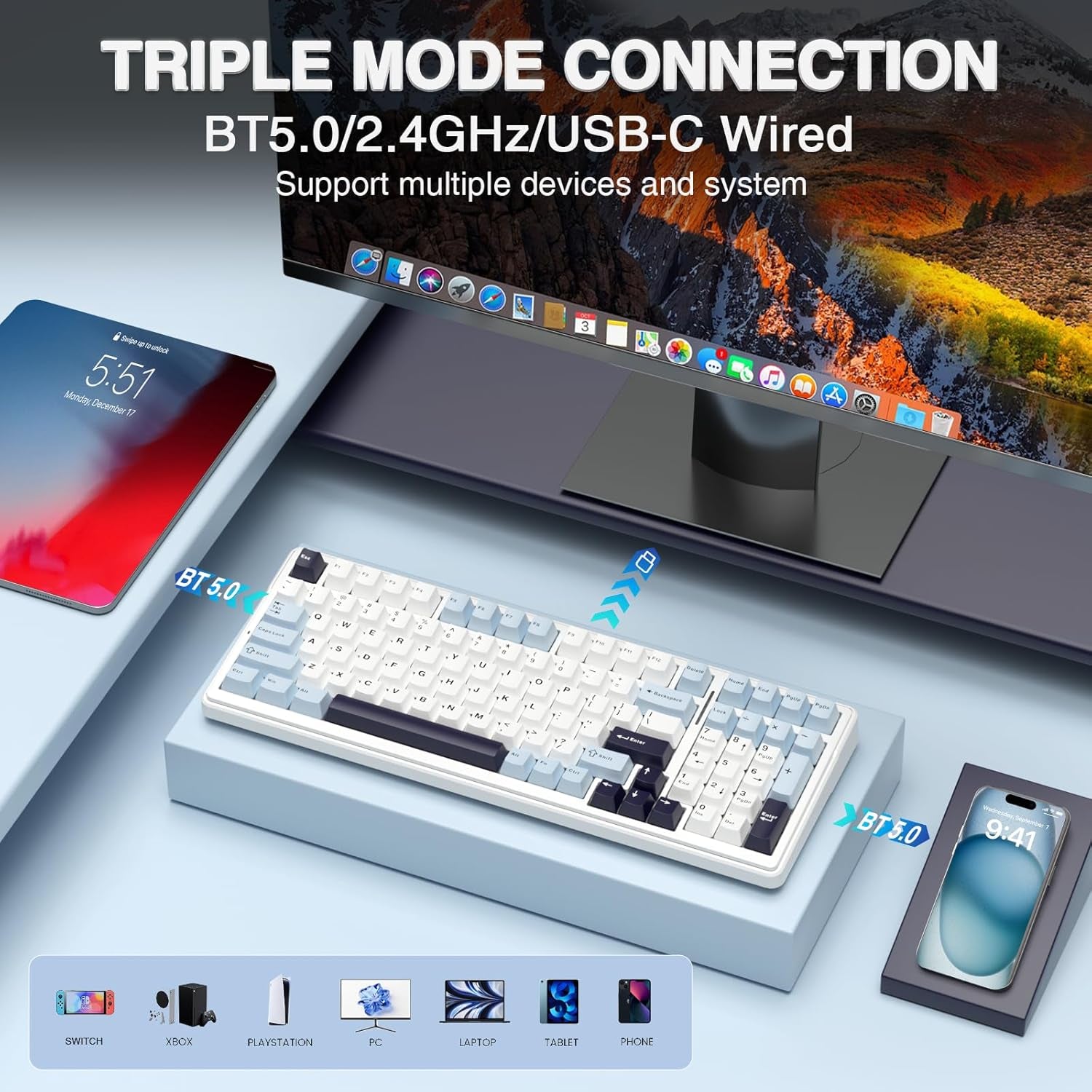 F99 Wireless Mechanical Keyboard, Hot Swappable Custom Keyboard,Pre-Lubed Linear Switches,Gasket Structure,Rgb Backlit Gaming Keyboard (Blue&White)