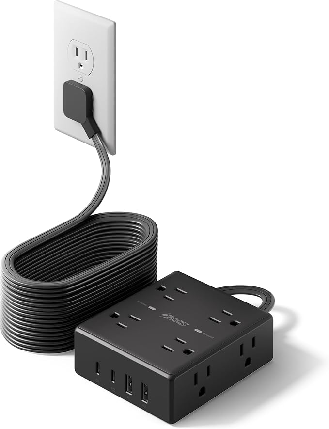 25Ft Long Extension Cord, Flat Plug Power Strip Surge Protector, 8 Outlet 4 USB by SUPERDANNY