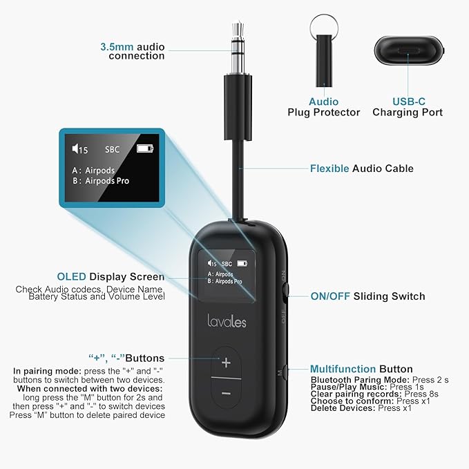 SafeFly Dual Bluetooth Transmitter, 3.5mm AUX Wireless Audio Adapter W/Screen - Image 5