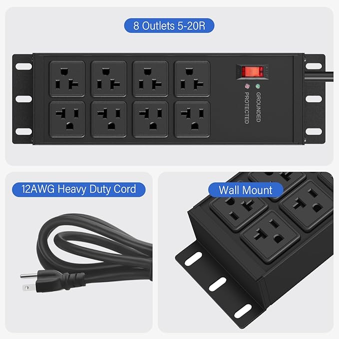 CCCEI 2PCS Heavy Duty Power Strip Surge Protector 20 AMP, 8 Outlets 12 Gauge - Image 3