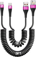 Coiled USB A to USB C Cable for Car, 3FT/5FT USB C Cable Fast Charging by PRAKIE