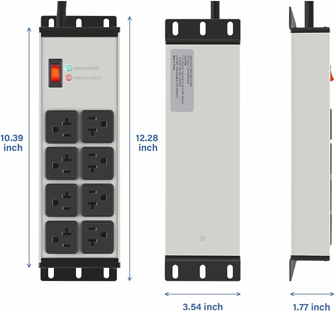 CCCEI Grey Heavy Duty Power Strip Surge Protector 20 AMP, 8 Outlets 12 Gauge - Image 7