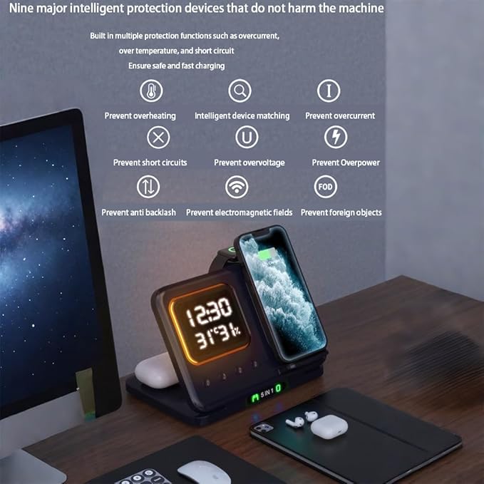IHAO 5in1 Multi Functional Wireless Charging Station Digital Clock 15W Fast - Image 6