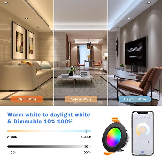 inShareplus 2 Inch Smart Recessed Lighting, 6 Pack WiFi Black LED Downlight 5W - Image 5