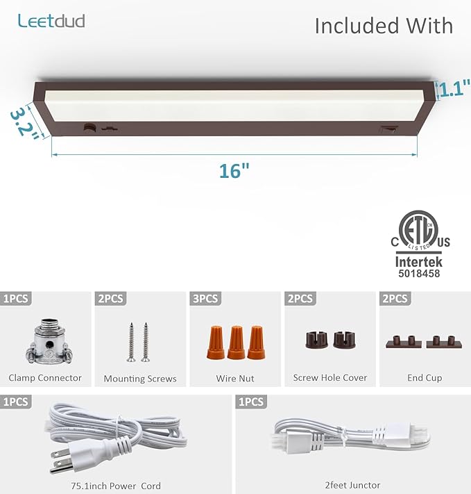 Leetdud Under Cabinet Lights Plug in or Hardwired Built-in Dimmer, 16 Inch 8W - Image 9