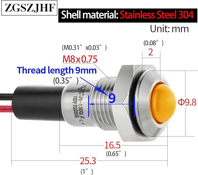 ZGSZJHF UL Listed Mini Indicator Light 8mm 0.31" Waterproof IP67 110V-120V - Image 4