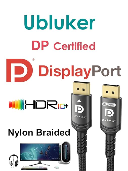 Ubluker 10K 8K DisplayPort 2.1 Cable 54Gbps 6.6 FT, Certified DP to DP Cord 4K - Image 2