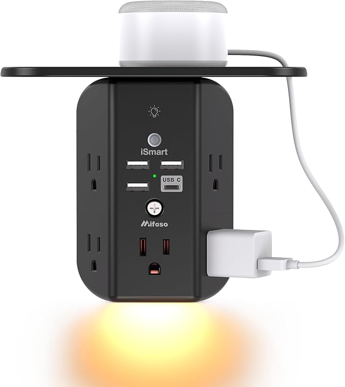 Wall Outlet Extender with Shelf and Night Light, Surge Protector, USB Wall by Mifaso