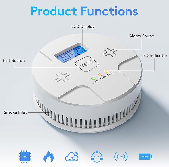 2 in 1, Combination Smoke and Carbon Monoxide Alarm, Detect CO, 85 dB Alert - Image 3