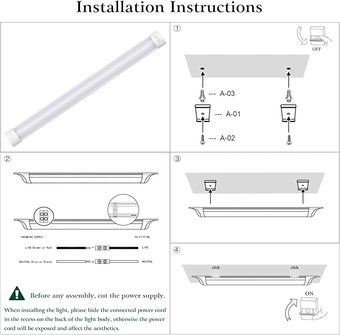 colmeguna 1 Packs 4FT LED Batten Light, Ultra-Thin Slim Ceiling Surface Mounted - Image 5