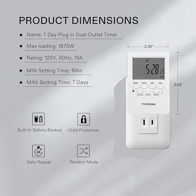 VIVOSUN Digital Timer Outlet 7 Day Programmable Digital Outlet Timer - Image 2