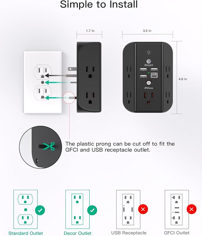 Wall Outlet Extender with Shelf and Night Light, Surge Protector, USB Wall - Image 7