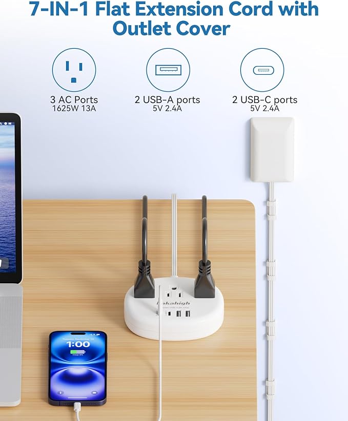 Flat Extension Cord with Outlet Cover & Cable Clips- 10 FT, 1625W Child Proof - Image 2