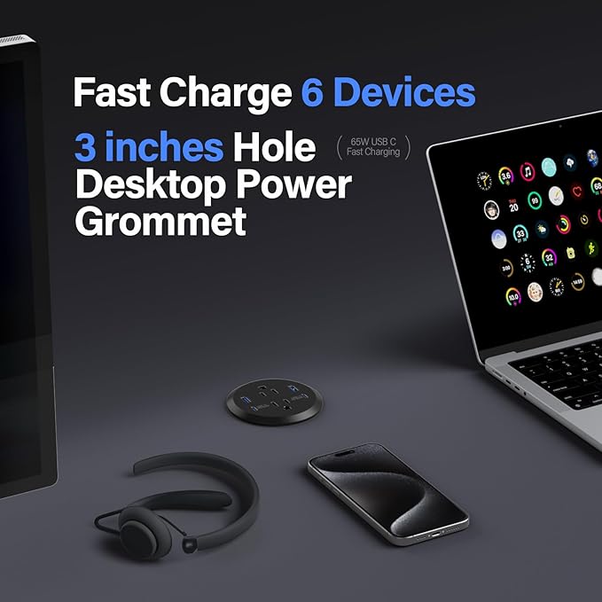 Jgstkcity Desktop Power Grommet, 65W USB C Fast Charging Port, Flush Mount - Image 3