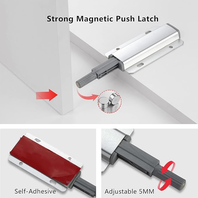 Push to Open Door Latch, 2 Pack Magnetic Push Latches, Adhesive Heavy Duty - Image 2