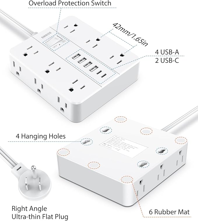 Power Strip Surge Protector 20ft Extension Cord, SMNICE Flat Plug - Image 7