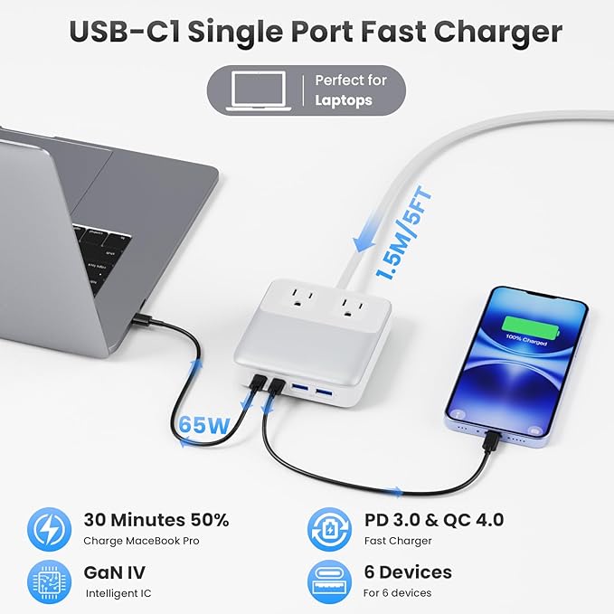 135W Charging Station USB C Power Strip, 6-in-1 GaN USB C Charger Block - Image 3