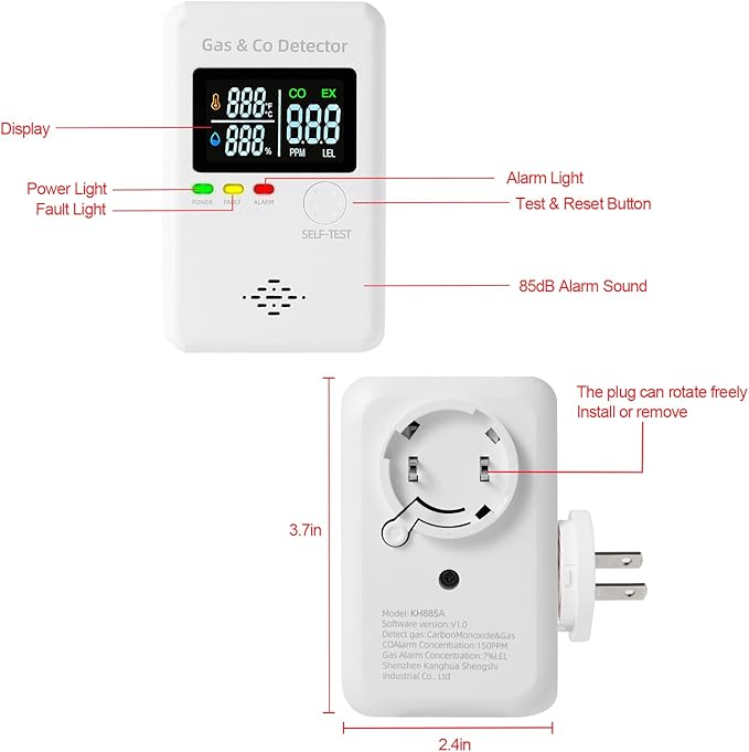 Plug in Natural Gas & Carbon Monoxide Detectors, 4-in-1 Real-time Display & - Image 2